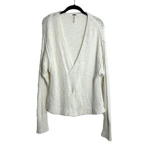 Free People White Oversized Knit Pullover V-neck Sweater EC SZS